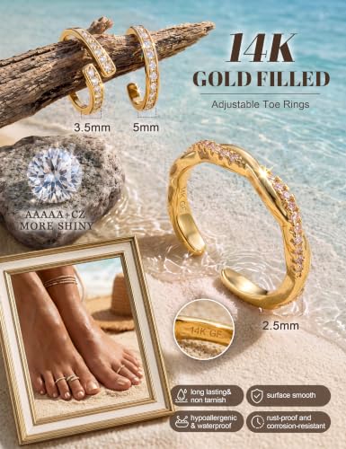 FIASASO 3Pcs Gold Filled Toe Rings for Women Non Tarnish 14K Gold Filled Toe Ring Adjustable Flower Cz Dainty Toe Ring Summer Beach Open Toe Rings Set Toe Jewelry Foot Jewelry - color: 14K Gold Filled cz hug