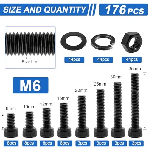 176Pcs M6 Screws Assortment Kit, M6x8/10/12/16/20/25/30/35 mm Hex Socket Head Cap Bolts with Nuts & Washers, 12.9 Grade Alloy Steel, Anti-Rust for 3D Printer & DIY - size: M6 Cap 12.9 - 176PCS