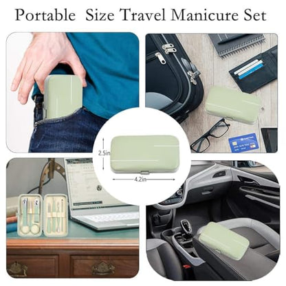 Handheld Sized Nail Clippers Set Tools, Manicure Set Professional Stainless Steel Travel Case 7 in 1 for Men Women(Green)