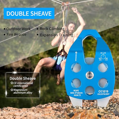NewDoar 30 KN CE Certified Large Rescue Pulley Single/Double Sheave with Swing Plate - color: Double Pulley - Blue 1pcs