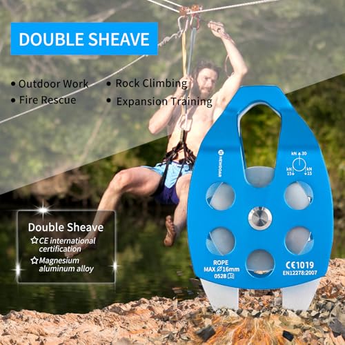 NewDoar 30 KN CE Certified Large Rescue Pulley Single/Double Sheave with Swing Plate - color: Double Pulley - Blue 2pcs