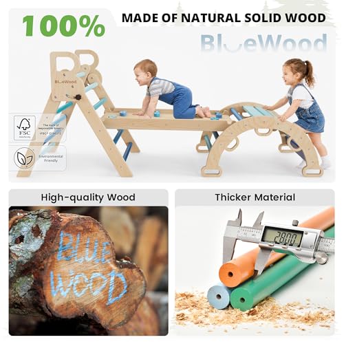 BlueWood Pikler Triangle Set with Cushion, Wooden Climbing Toys for Toddler | Foldable 9-in-1 Montessori Philosophy Toddler Climbing Toys Indoor with Reversible Ramp, Arch and Ladder - Blue - color: Blue