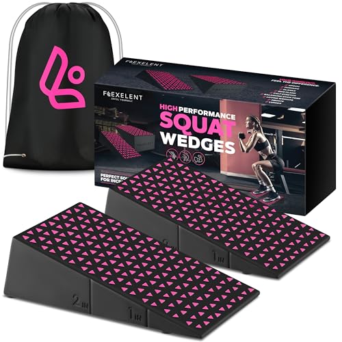 Flexelent Heel Elevated Squat Wedge Block Pair, 17° Angle, Bag Included | Pair of oversized squat wedges with textured surfaces for deeper squats, heavy lifting and better form - color: Pink Power