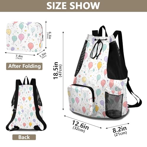Mens Drawstring Bags Climbing Gym Bag With Water Bottle Holder Cinch Bags Wet and Dry Separation Cartoon Cute Colorful Balloons
