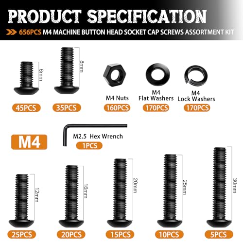 mankk 656PCS M4 Screws Assortment Kit Machine Screws with Nuts Washers M4 x 6/8/10/12/16/20/25/30mm 10.9 Alloy Steel Button Head Socket Cap Screws - size: M4, style: Button Head