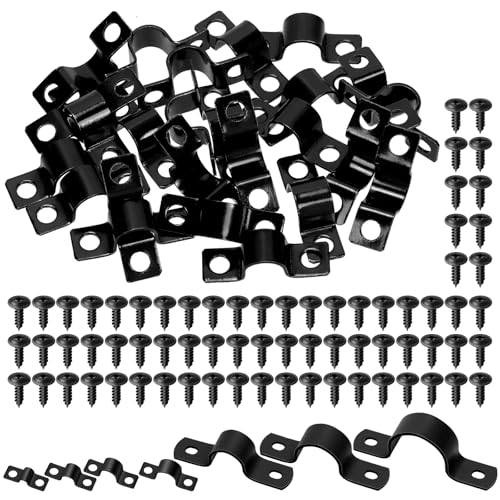 Tanstic 25Pcs Black Two Hole Pipe Strap, 3/8” Two Hole Strap U Bracket Rigid Pipe Strap Pipe Strap Clamp with Phillips Modified Truss Head Wood Screws for Fixing Pipe, Conduit, U Bracket - size: 3/8 Inch