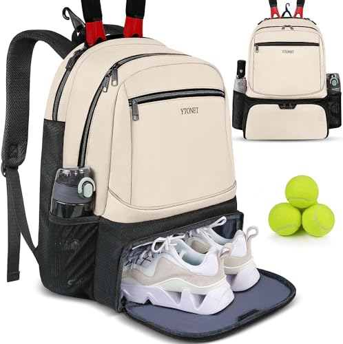 Ytonet Tennis Bag Tennis Backpack for Women Men 2 Rackets | Insulated Pocket and Ventilated Shoe Compartment, Gym Bags with Fence Hook for Pickleball and Badminton Rackets - color: Beige