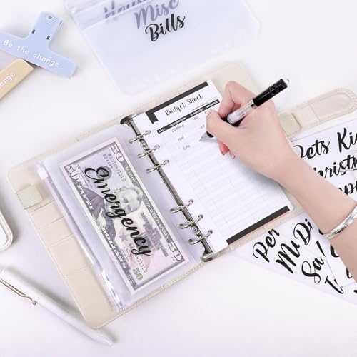SKYDUE Budget Binder with 8pcs Zipper Envelopes, Money Organizer for Cash with 12pcs Expense Budget Sheets & 24 Blak Sticky Labels, Budget Book with Cash Envelopes (Creamy Oatmeal) - color: Creamy Oatmeal