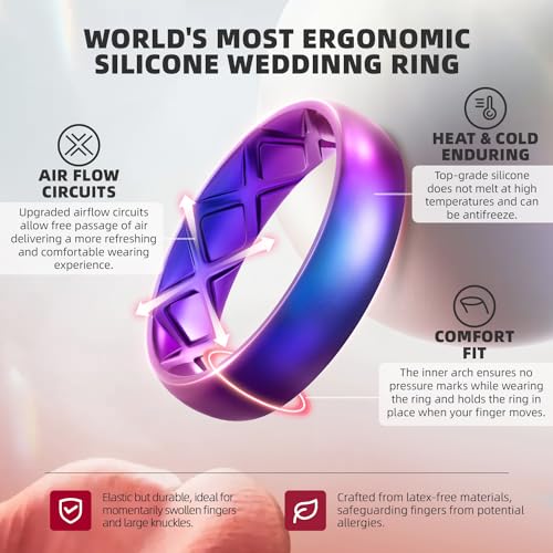 Egnaro Women's Stackable Silicone Rings, 2.5/5.5mm Wide 1.8/2mm Thick Bands | Comfort-Fit Rubber Bands Offer Breathable Flexibility for Nurses, Workouts, Pregnancy, Yoga, Travel, Office, and All-Day Wear - color: SETB2-Black, Light Rose Gold, Galaxy, Pear