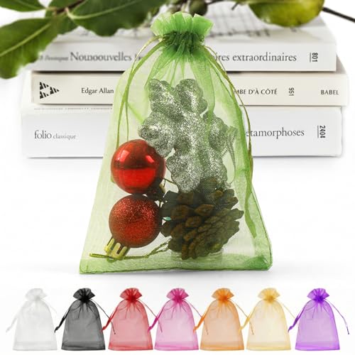 ANZNKU 50 PCS Organza Bags 5 x 7, Green Small Mesh Gift Bags Drawstring | Sheer Goodie Sachet Pouches for Wedding Party Favors Baby Bridal Shower & Halloween, Use for Candy Jewelry Soap Treats Makeup - color: Green