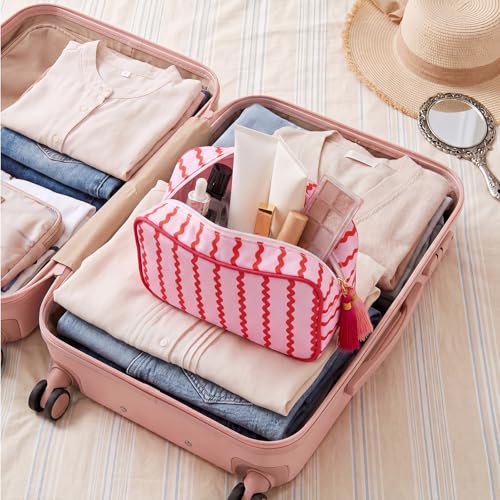 Kacctyen 6 Pack Raspberry Red and Light Pink Striped Makeup Bag bulk with Tassel Travel Cosmetic Pouch Organizer Large Zipper Toiletry Case for Women Aesthetic Storage Pouch Mahjong Tile Bag - color: Raspberry Red and Light Pink