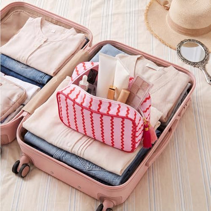 Kacctyen 6 Pack Raspberry Red and Light Pink Striped Makeup Bag bulk with Tassel Travel Cosmetic Pouch Organizer Large Zipper Toiletry Case for Women Aesthetic Storage Pouch Mahjong Tile Bag - color: Raspberry Red and Light Pink