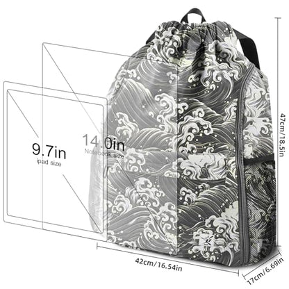 Drawstring Backpack with Mesh Pockets String Gym Bag Sackpack Sandproof Water Resistant Beach Backpack for Men Women - color: Black Waves