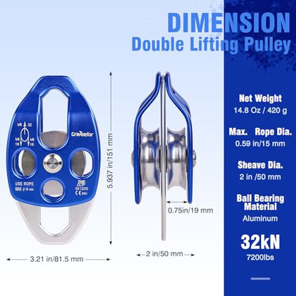 Heavy-Duty Double Block and Tackle Pulley System – 100Ft x 1/2'' Rope, 7700 LB(35KN) Breaking Strength, 4:1 Lifting Ratio – Ideal for Garage, Attic, and Heavy Lifting Applications - size: 1/2'' x 100ft