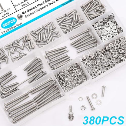 380PCS M4 Screw Kit, M4 x 6/8/12/16/20/25/30mm Button Head Socket Cap Screws Bolts Nuts Washers Assortment Kit, 304 Stainless Steel M4 Bolts with Hex Wrench - size: SS M4 x 6/8/12/16/20/25/30mm, style: Button Head