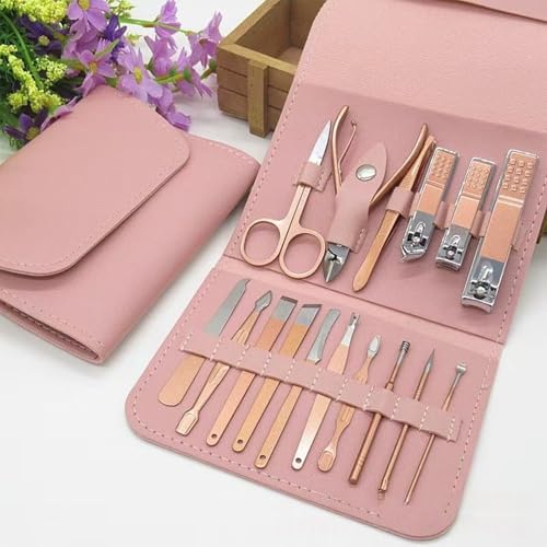 16 pcs Manicure Set Nail Clippers Pedicure Kit Stainless Steel Tools Portable Travel Case for Thick Nails(Rose Gold) - color: Rose Gold
