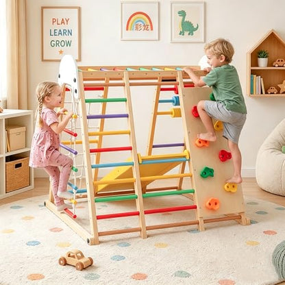 Large Wooden Indoor Jungle Gym 9-in-1 Playground Climbing Toys for Kids Ages 2-6, Waldorf Style Wooden Climber Playset with Slide, Monkey Bars, Ladder, Rope Ladder, Rock Climbing, Swing (9-in-1) - size: 9-in-1