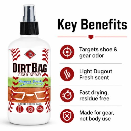 DirtBag Gear Spray by Diamond Dapper - Sports Gear Deodorizer Spray for Shoes, Cleats, Gym Bags, Gloves, Helmets, Pads and Sports Equipment, Dugout Fresh Scent, 8 oz