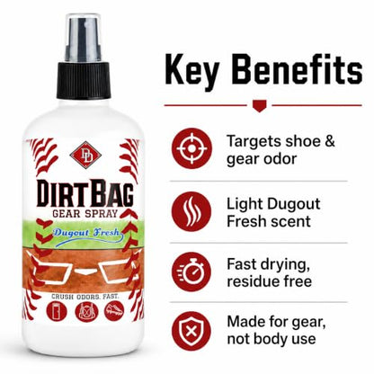 DirtBag Gear Spray by Diamond Dapper - Sports Gear Deodorizer Spray for Shoes, Cleats, Gym Bags, Gloves, Helmets, Pads and Sports Equipment, Dugout Fresh Scent, 8 oz