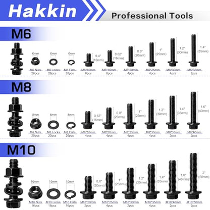 248PCS Flanged Hex Head Bolts, Hakkin Black Metric Bolt m6 m8 m10 Machine Screw Assortment Kit, M6-1.0 M8-1.25 M10-1.5 Flanged Screws Nuts Flat Spring Washers, Assorted Screws Nuts - size: 248PCS M6 M8 M10 Flanged Bolts Black