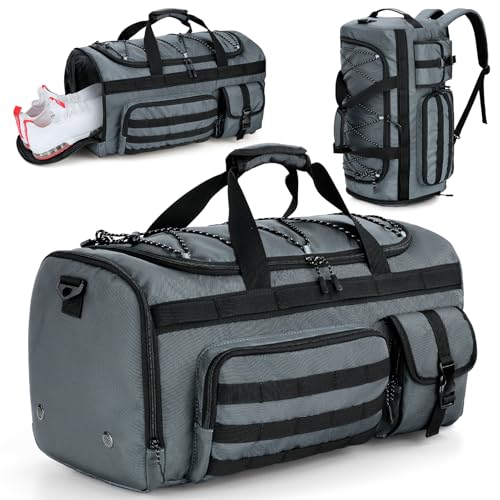 Gonex 45L Tactical Duffel Bag, 3-in-1 Gym & Travel Bag | Shoe compartment, Tactical gear loops, Water-repellent lining, 5 zip pockets, Weekend travel - color: Grey, size: 45L
