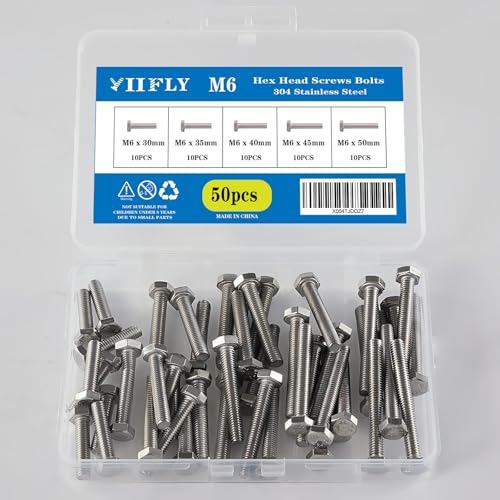 M6-1.0 Hex Head Screw Bolts - 30/35/40/45/50mm Length Kit, 304 Stainless Steel(A2-70), Bright Finish, Fully Threaded, Hexagon Head Bolts,Quantity 50-Piece Set - size: 304-Hex-M6-30-50mm