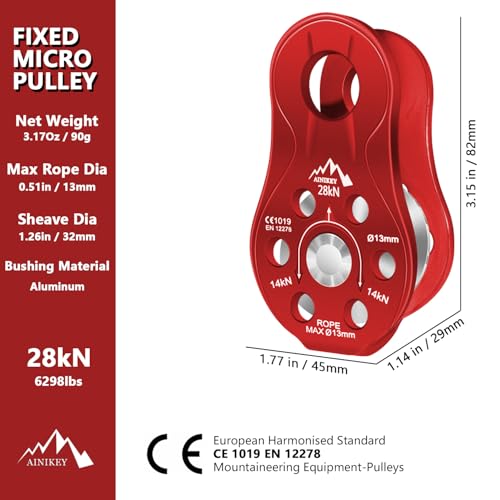 Fixed Plate Micro Pulley, 28KN CE Certified General Purpose Small Aluminum Rope Pulleys Slack Tender for Hauling/Rigging/Climbing/Aloft Work/Rappelling etc (One Unit (28KN Pulley Red)) - color: One Unit (28KN Pulley Red)