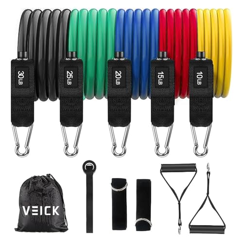 VEICK Resistance Bands with Handles, Ankle Straps, Door Anchor | Accredited Lab Certified, 100% Natural Latex, Cushioned Handles, Versatile for Yoga, Pilates, Strength, Home Gym - color: Colorful 100LBS
