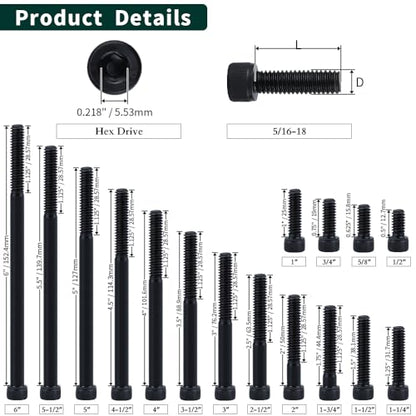 5/16-18 x 4-1/2" Socket Head Cap Screws Bolts, 12.9 Grade Alloy Steel, Black Oxide Finish, Allen Hex Drive, Partial Thread, 6 PCS - size: 5/16-18 x 4-1/2"