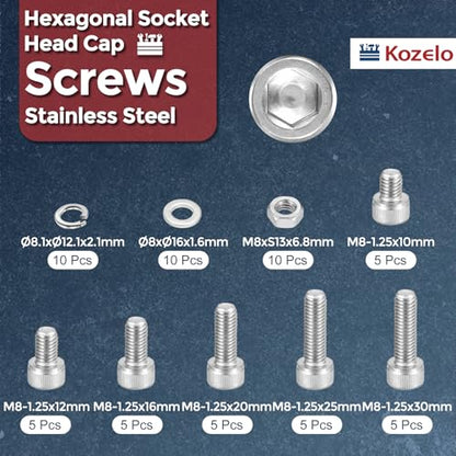 60pcs M8 Socket Head Cap Screws Bolts Nuts Assortment Kit - [M8x10/12/16/20/25/30mm] 304 Stainless Steel Allen Socket Drive for 3D Printer - size: M8x10/12/16/20/25/30mm