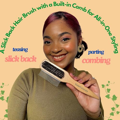 GranNaturals Boar Bristle Slick Back Hair Brush w/ Comb for Smoothing Sleek Ponytail Bun - Wide Rat Tail & Metal Comb Hairbrush for Parting, Teasing, Backcombing, Sectioning, Edge Control, Flyaways