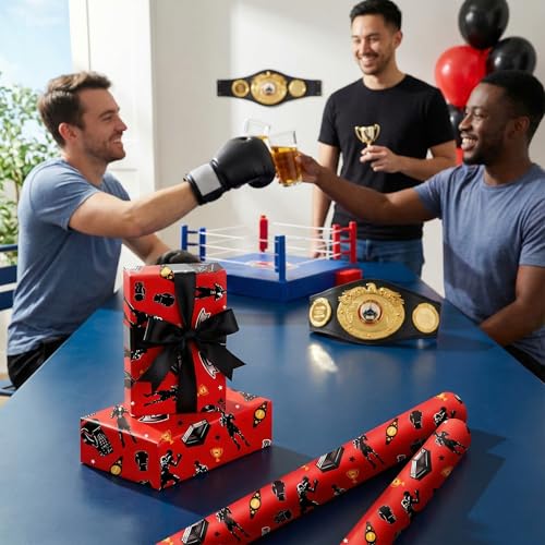 Liobelon Boxing Wrapping Paper Roll, Sports Gift Wrap with Boxing Gloves, Punching Bag, Champion Belt & Boxer Design – for Birthday, Father’s Day, Fight Fan Presents, 17 Inch X 16.4 Feet - color: Boxing