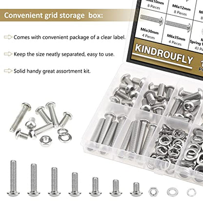 148 Pieces M6 x 10/12 /16/20 /25/30 /35mm Button Head Socket Cap Screws Nuts Washers Assortment Kit, 304 Stainless Steel, Fully Machine Thread - size: M6, style: Button Head