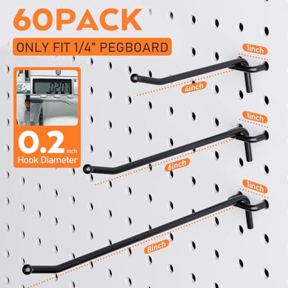 INCLY 60 Pack 4/6/8 Inch Heavy Duty Pegboard Hooks for Hanging Tools | Black 1/4" Peg Board Hooks Accessories, Peg Board Hangers Fit 1/4" Pegboard, For Garage, Craft Room, Store Organization - size: 60PCS