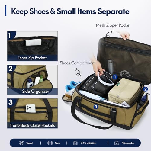 Haimont 60L Foldable Travel Duffel Backpack, Brown | Shoe Compartment, Stowable Straps, U-Shaped Opening, Water-Resistant Build - color: Brown