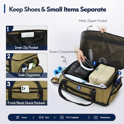 Haimont 60L Foldable Travel Duffel Backpack, Brown | Shoe Compartment, Stowable Straps, U-Shaped Opening, Water-Resistant Build - color: Brown