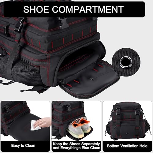 LHI Military Tactical Backpack for Men and Women 45L Army 3 Days Assault Pack Bag Large Rucksack with Shoe Compartment - color: 1.3 Black Red Line