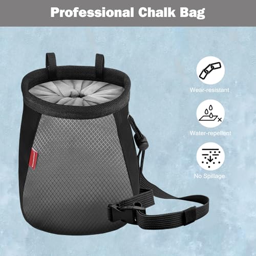 MoKo Climbing Chalk Bag with Chalk Brush, Waterproof Nylon Bouldering Chalk Bag Bucket with 2 Large Zippered Storage Pockets Drawstring Closure Adjustable Belt Chalk Bag for Climbing Gymnastics - color: Black+Grey, style: Cylindrical
