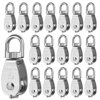 18 PCS M15 Stainless Steel Crane Pulley Blocks with Swivel Hooks, Anti-Rust, Durable Single Pulley Block, Reliable Lifting and Towing Wheels for Wire Rope, Camping, Hiking, and More by GENHAKON