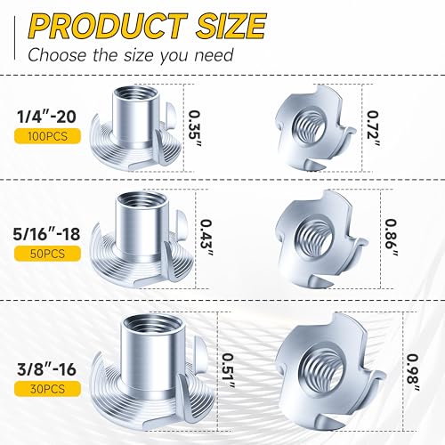 Mywish 180Pcs 1/4-20 5/16-18 3/8-16 T-nut Assortment Kit & 50Pcs 3/8-16 T Nuts, 4 Pronged T Blind T Nut Zinc-Plated Alloy Steel, Wood Working, Rock Climbing Holds & Furniture Hardware Nuts