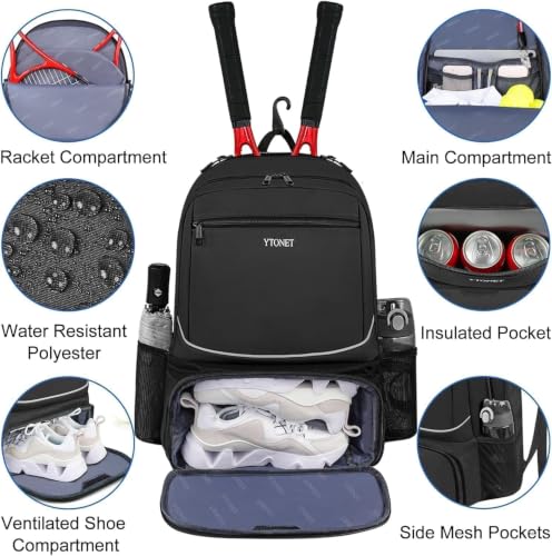 Ytonet Tennis Bag Tennis Backpack for Women Men 2 Rackets | Insulated Pocket and Ventilated Shoe Compartment, Gym Bags with Fence Hook for Pickleball and Badminton Rackets - color: Black