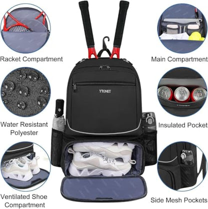 Ytonet Tennis Bag Tennis Backpack for Women Men 2 Rackets | Insulated Pocket and Ventilated Shoe Compartment, Gym Bags with Fence Hook for Pickleball and Badminton Rackets - color: Black