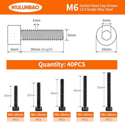 M6 x 30mm 35mm 40mm 45mm 50mm Hex Socket Head Cap Screws Bolts 12.9 Grade Alloy Steel, Black Oxide Finish, Metric Allen Hex Drive, Machine Fully Threaded, Assortment Kit 40PCS - size: M6 x 30/35/40/45/50mm (40PCS)