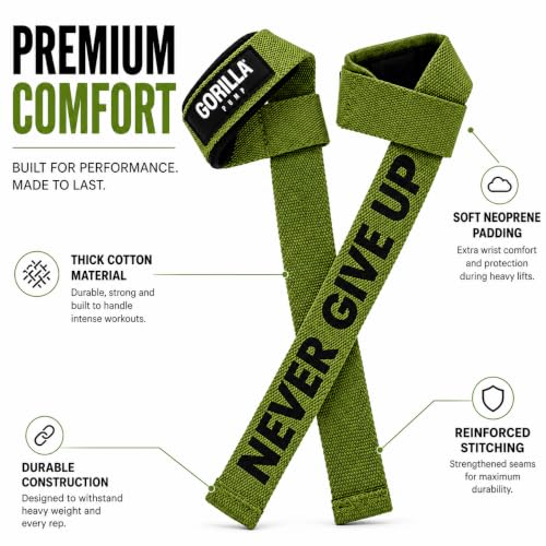 Pair of Deluxe Straps for Weights, Dumbbells, Gym and Crossfit with Non-Slip Grip and Durable Never Give Up Design - color: Green