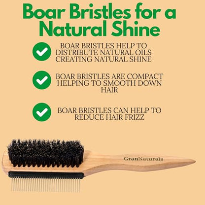 GranNaturals Boar Bristle Slick Back Hair Brush w/ Comb for Smoothing Sleek Ponytail Bun - Wide Rat Tail & Metal Comb Hairbrush for Parting, Teasing, Backcombing, Sectioning, Edge Control, Flyaways