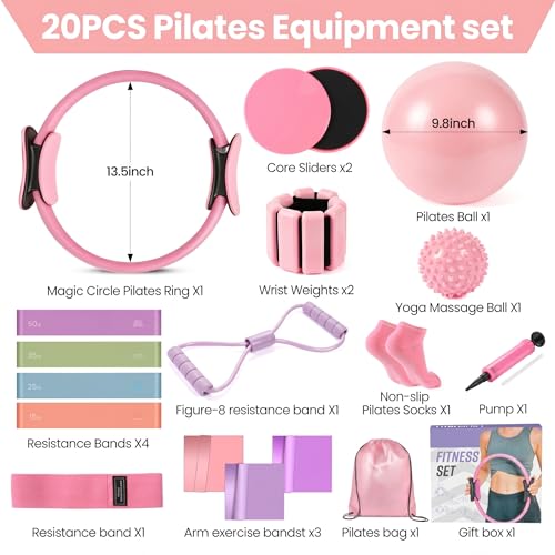 20PCS Pilates kit,Pilates Equipment Kit for Women with 13.5“Pilates Ring and Ball，Resistance Bands, Ankle Weights, Sliders & Grip Socks Accessories for Starter Home, Office & Travel