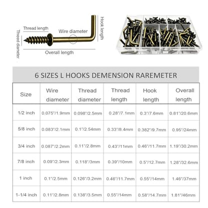 150 PCS 7 Shaped Right Angle Screw Hooks Sets,Bronze 6 Sizes Screw in L Shaped Hooks for Hanging Lamp,Plants,Decorations,kitchenware and DIY Crafts,(1/2",5/8",3/4",7/8",1",1-1/4") - size: Bronze 6sizes 150pcs