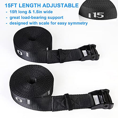 Wood Gymnastic Rings with Adjustable Number Suspension Trainer Straps with Cam Buckle 15ft Olympic Rings 32/28mm Heavy Duty 1543/992lbs for Pull Up Bar Workout Exercise Gym Hanging Rings Indoor - color: Black Straps Only(no rings)