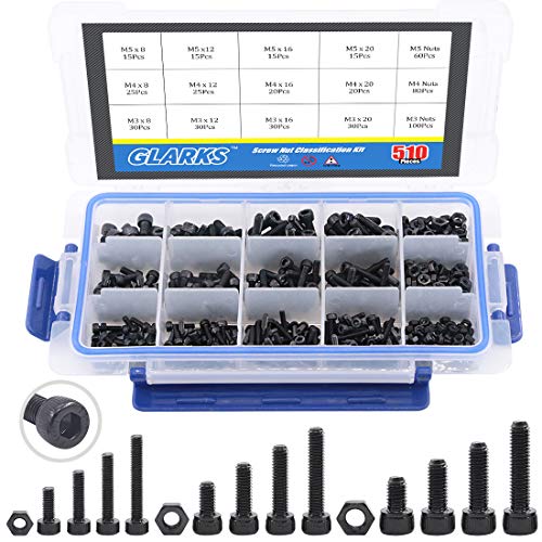 Glarks 510Pcs M3 M4 M5 12.9 Grade Alloy Steel Socket Cap Bolts Screws with Nuts Assortment Kit, Black Oxide Finish - size: Hex Socket Head Cap Screws Set