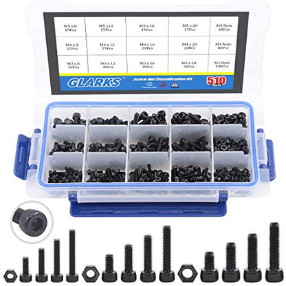 Glarks 510Pcs M3 M4 M5 12.9 Grade Alloy Steel Socket Cap Bolts Screws with Nuts Assortment Kit, Black Oxide Finish - size: Hex Socket Head Cap Screws Set